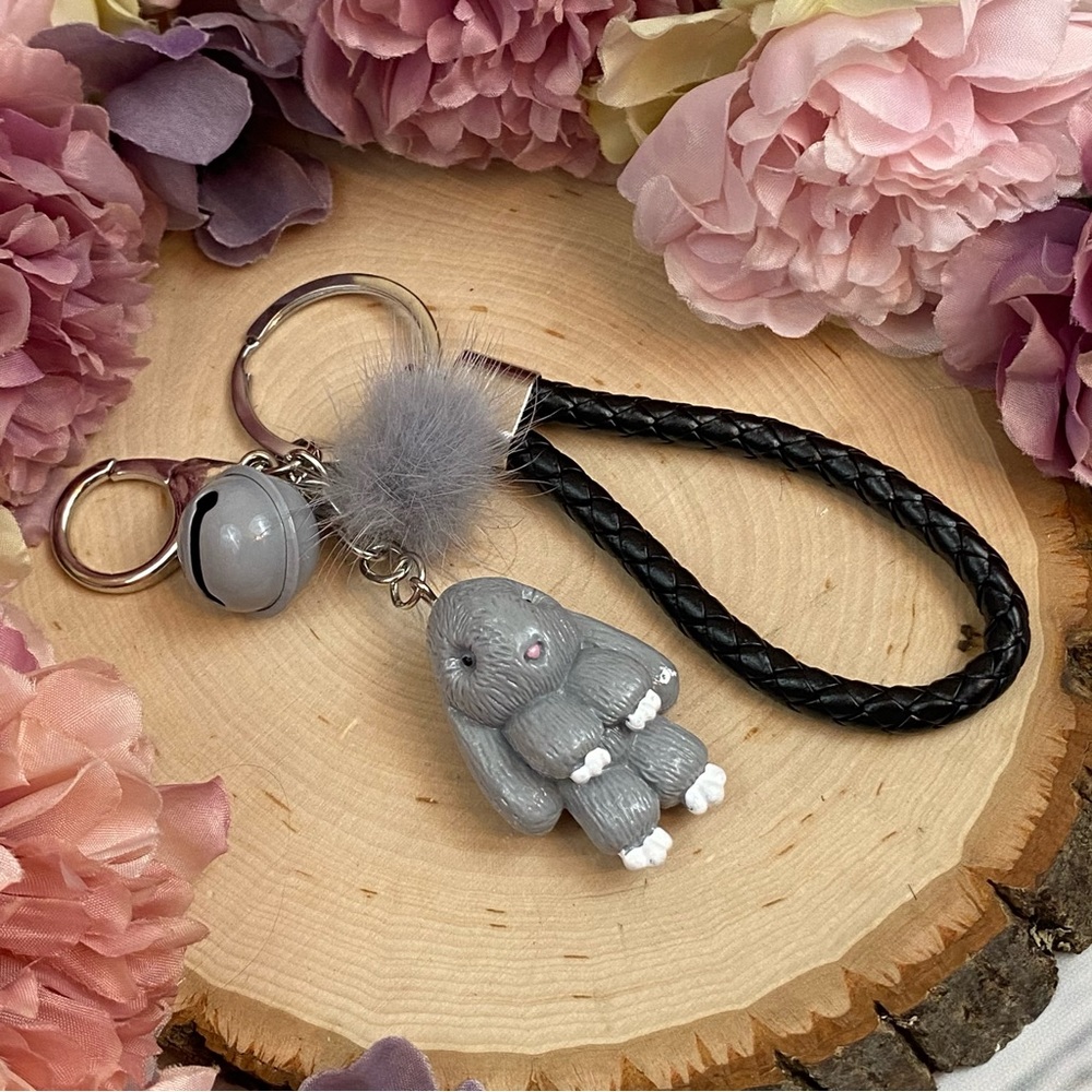Gray Bunny Charm Keychain with Wristlet Strap - Picture 7 of 13